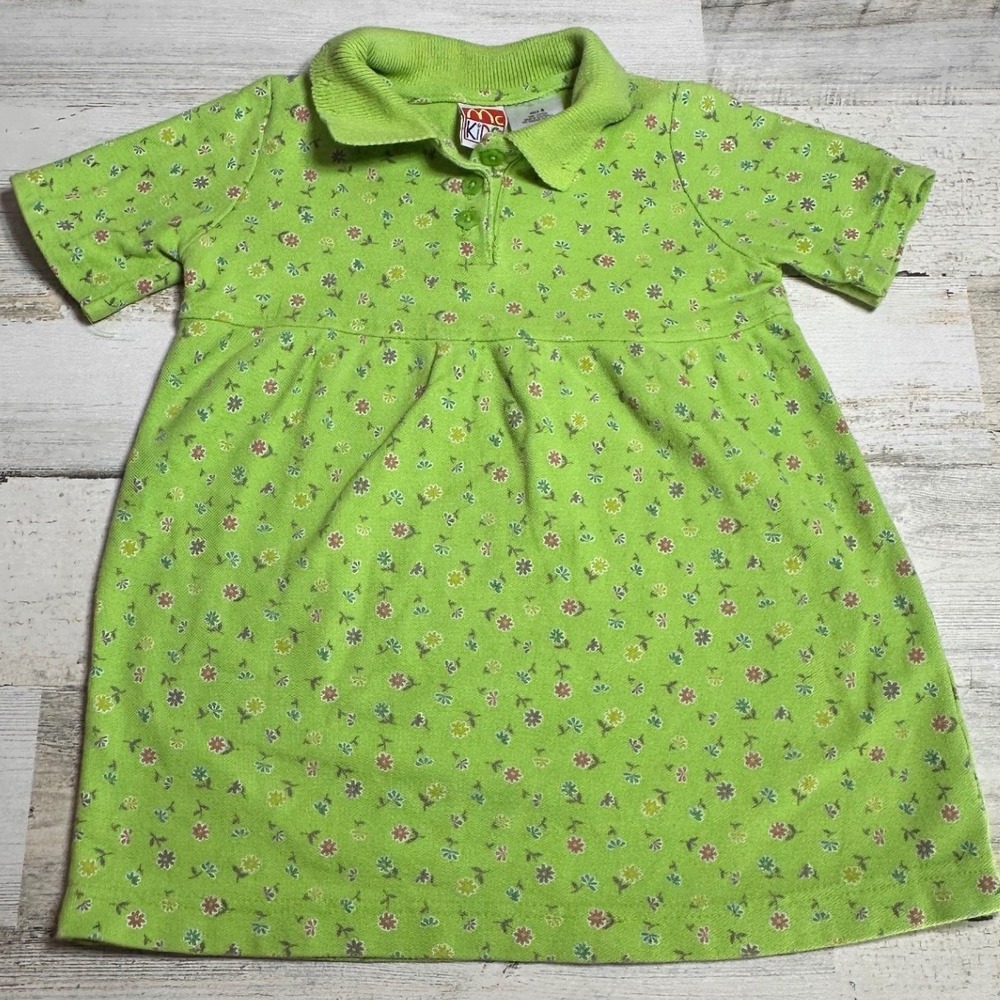 Mc Kids Polo Dress Girls Size 4 Lime Green Excellent Vintage Floral Cotton
